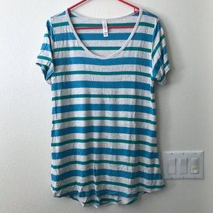 Lularoe Aqua, Teal, & Gray Stripe Classic T - Sz S